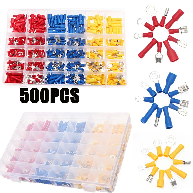 500pcs Crimp Spade Terminal Assorted Kit Electrical Wire Cable Connector Kit Crimp Insulated Ring Fork Spade Butt Set VUQLDHAYZ