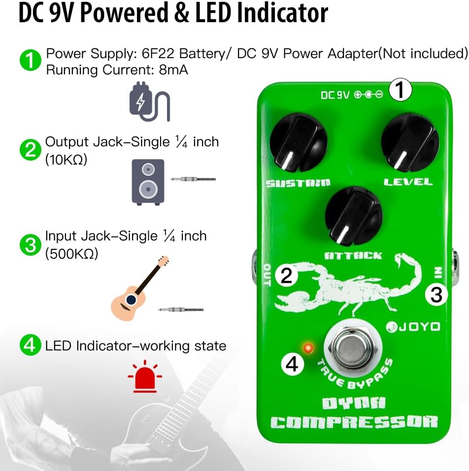 JOYO Dyna Compressor, JF-10 Model for Electric Guitar & Bass, Classic Ross Re-creation, Low Noise, True Bypass