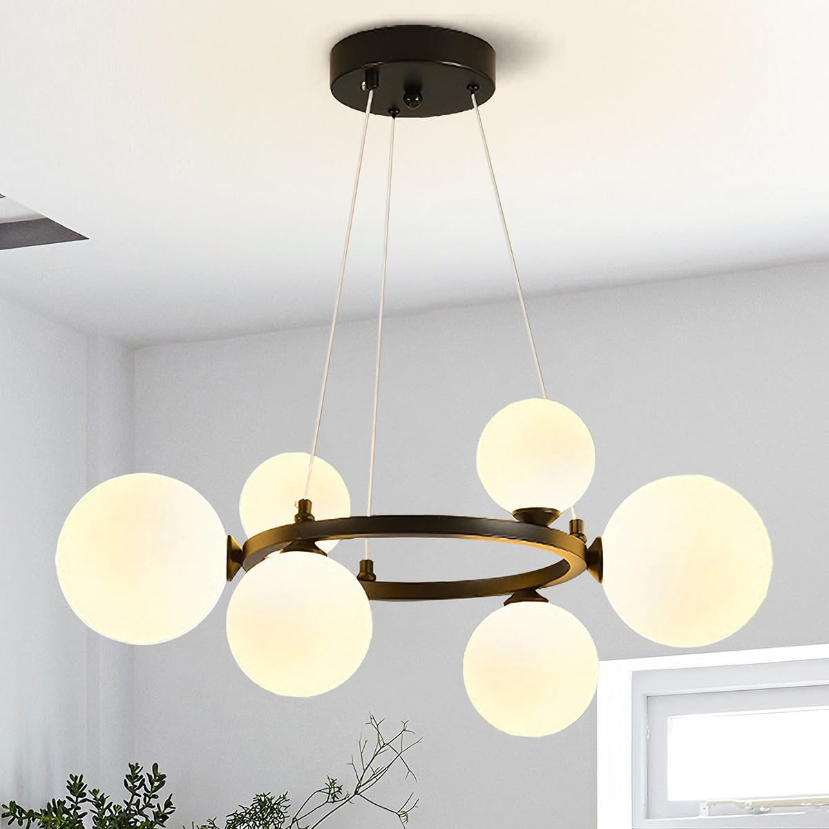 Modern Black Sputnik Chandelier 6-Light Glass Globe Chandelier for Dining Room Light Fixture Mid-Century Bubble Ceiling Pendant Light Fixture for Kitchen Living Room Bedroom