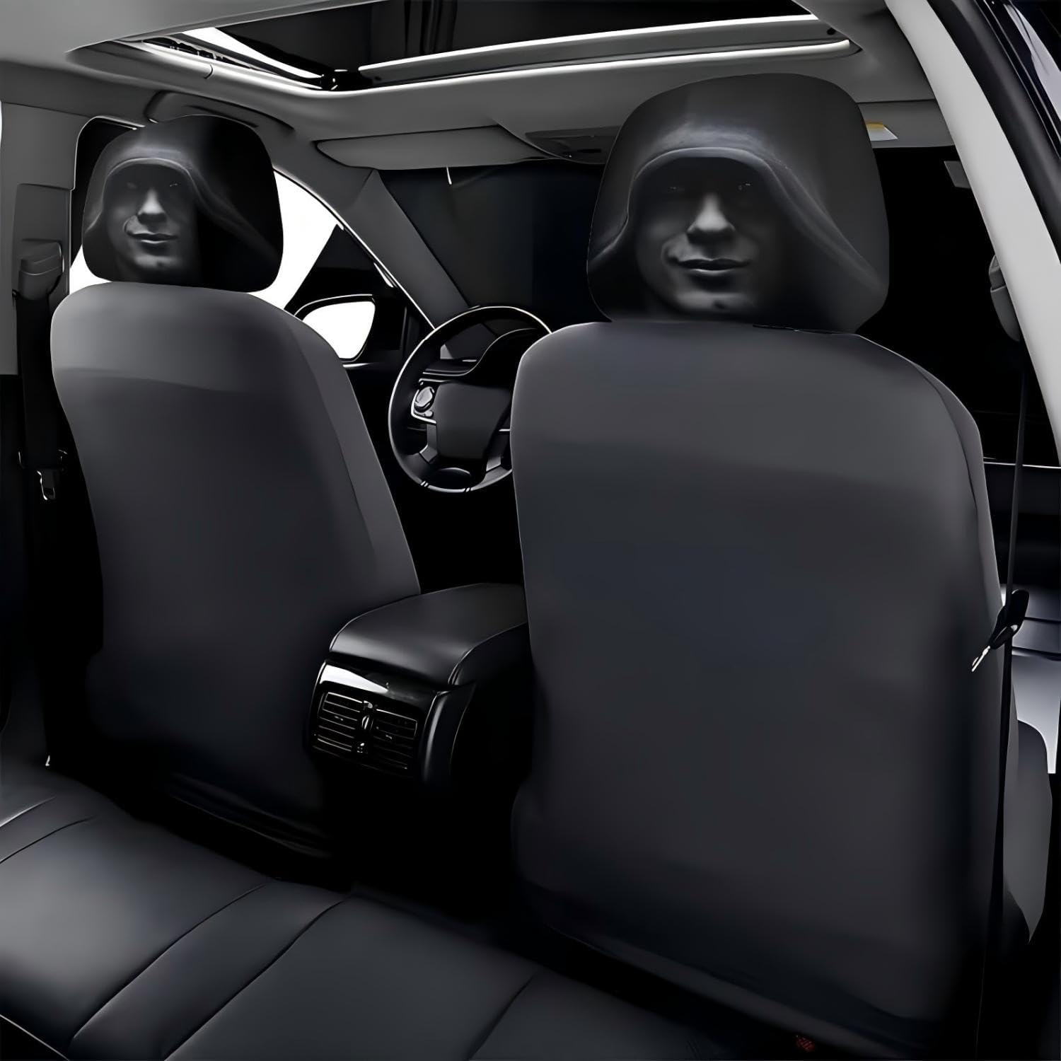 Ghost Face Headrest Covers, 2PCS Black Hat Mystery Portrait Design with Elastic Strap, Comfort Fit for Car SUV Sedan Truck, Stylish Interior Decor for Road Trip Travel image 2
