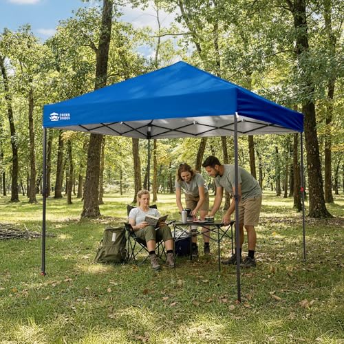Image of CROWN SHADES 8x8 Pop Up Canopy - Patented Center Lock One Push Instant Outdoor Canopy Beach Tent with STO-N-Go Bag 8 Stakes & 4 Sand Bags,Blue