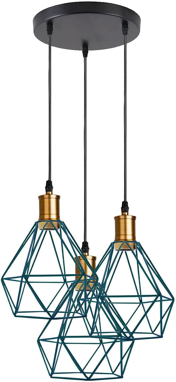 DC VOLTAGE Industrial 3-Light Pendant Lighting, with Multi Colored Metal Light Cage, Adjustable Hanging Pendant Light for Kitchen Island Bedroom Hallway and Bar, E27 Base
