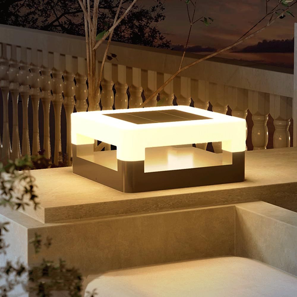 HZWJIA Solar Pillar Lamp Stainless Steel Body LED Fence Deck Post Cap Light IP65 Waterproof Pillar Head Lamp Gray Outdoor Lighting Solar Pillar Lamp for Villa Yard Landscape Post Light Length 11.8in