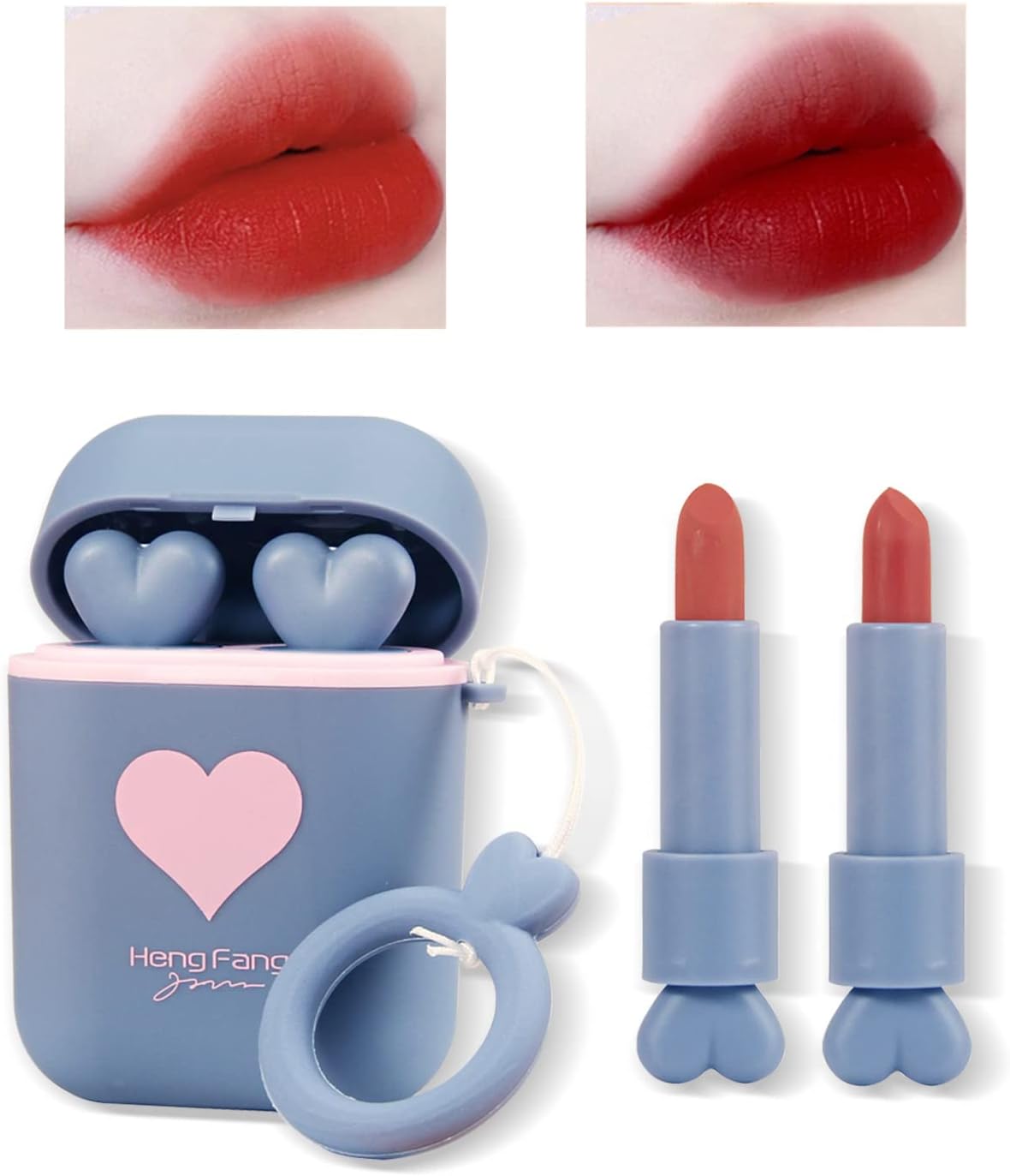 LAMUSELAND Matte Lipstick, 2Pcs/Set Waterproof Long Lasting Moisturizing Lip Stain Earphone Dual-color Lip Tint Gloss, Non-stick Cup Lip Make Up Gift Kit for Girls (Blue)