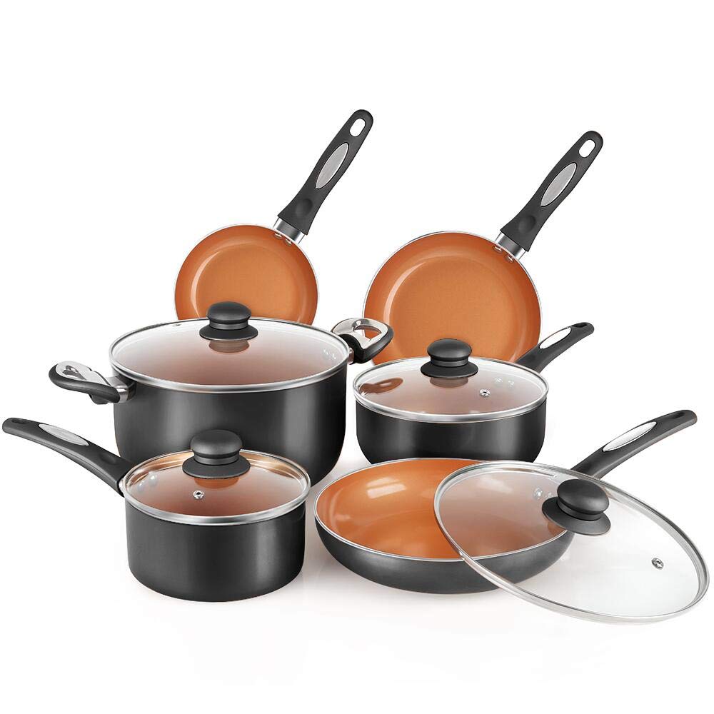 FGY 10 Pieces Nonstick Pots and Pans Copper Cookware Set with Induction Bottom, Perfect for Fry, Grill, Roast, Steam, Sauc...