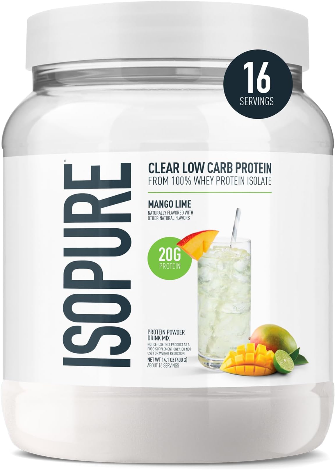 Protein Powder, Clear Whey Isolate Protein, Post Workout Recovery Drink Mix, Gluten Free with Zero Added Sugar, Infusions- Mango Lime, 16 Servings