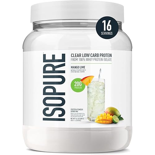 Isopure Clear Whey Isolate Protein Powder, Lactose Free, Gluten Free, Naturally Flavored, Mango Lime, 20g Protein Per Serving, 14.1 Oz, 16 Servings (Packaging May Vary)
