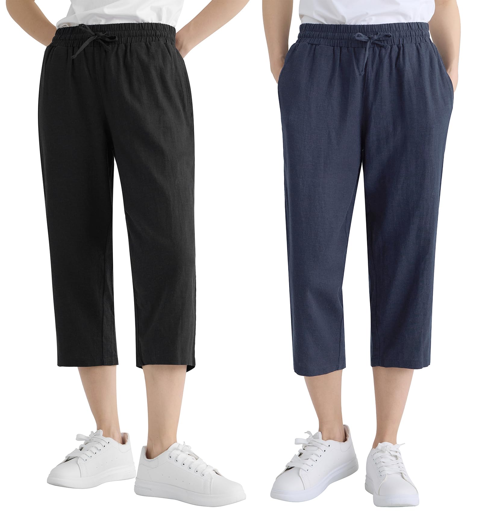Weintee Women's Linen Crop Pants Capris with Pockets