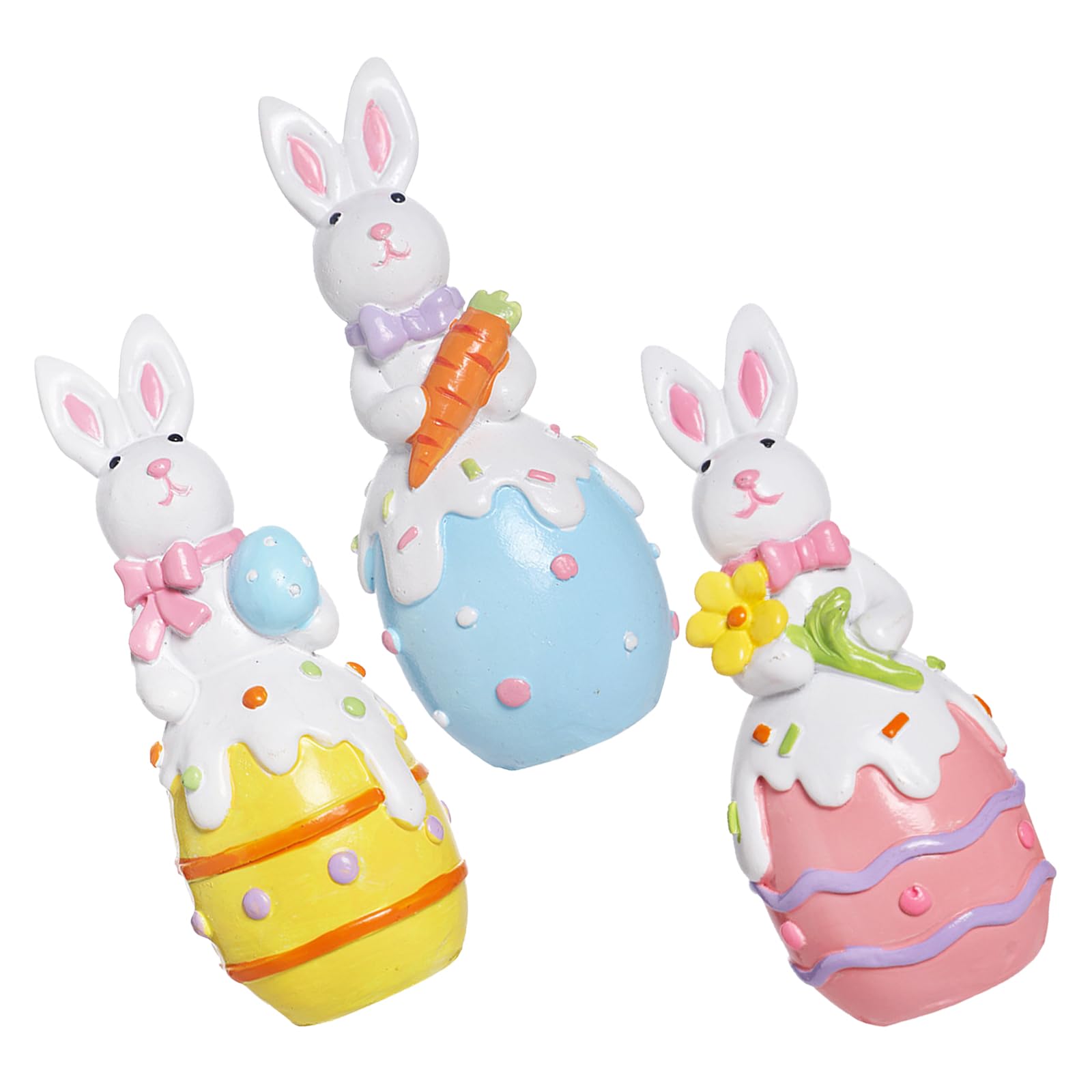 NOLITOY Decoración de Pascua 3 Piezas Conejitos y Huevos de Resina en Amarillo, Rosa y Azul Claro para Decoración de Mesa, Escritorio y Sala, Figuras Decorativas Primaverales