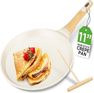 NutriChef 11โ Non-Stick Crepe Pan with Wooden Spreader, Durable Marble Coated Dosa Pan, Bakelite and Wood Handle with Induction Bottom, Easy-to-Clean, Stain-Resistant (White Cream Marble)