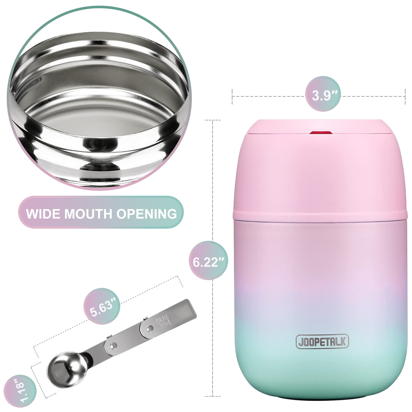Recipientes de almuerzo aislados de 17 onzas, tarro de comida caliente, termo de boca ancha para niños y adultos, lonchera de acero inoxidable al vacío con asa cuchara plegable para escuela, oficina 4