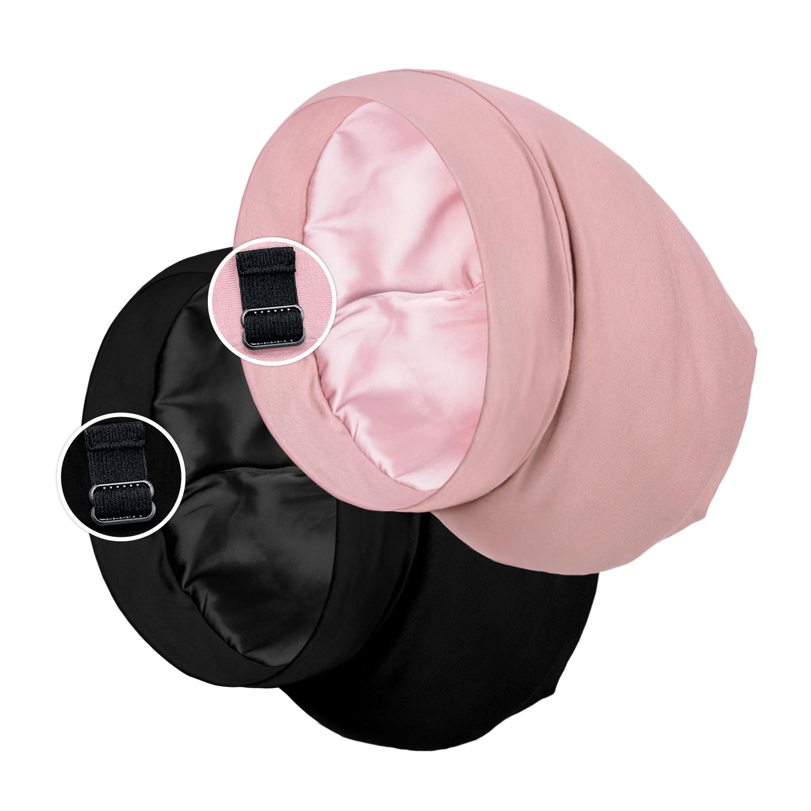 Satin Lined Sleep Cap Bonnet for Curly Hair and Braids, Stay On All Night Hair Wrap with Adjustable Strap for Women and Men, Black and Pink, Pack of 2