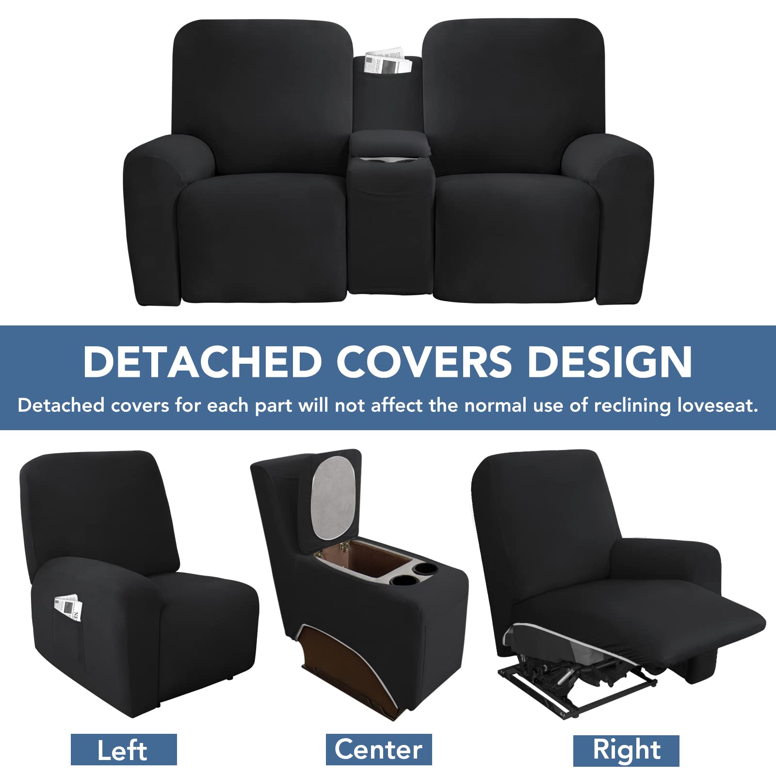 Easy-Going Pokrowiec na leżankę typu loveseat, z konsolą środkową, miękki, dopasowany, polar, kanapa z uchwytem i schowkiem, zmywalny ochraniacz na meble, czarny