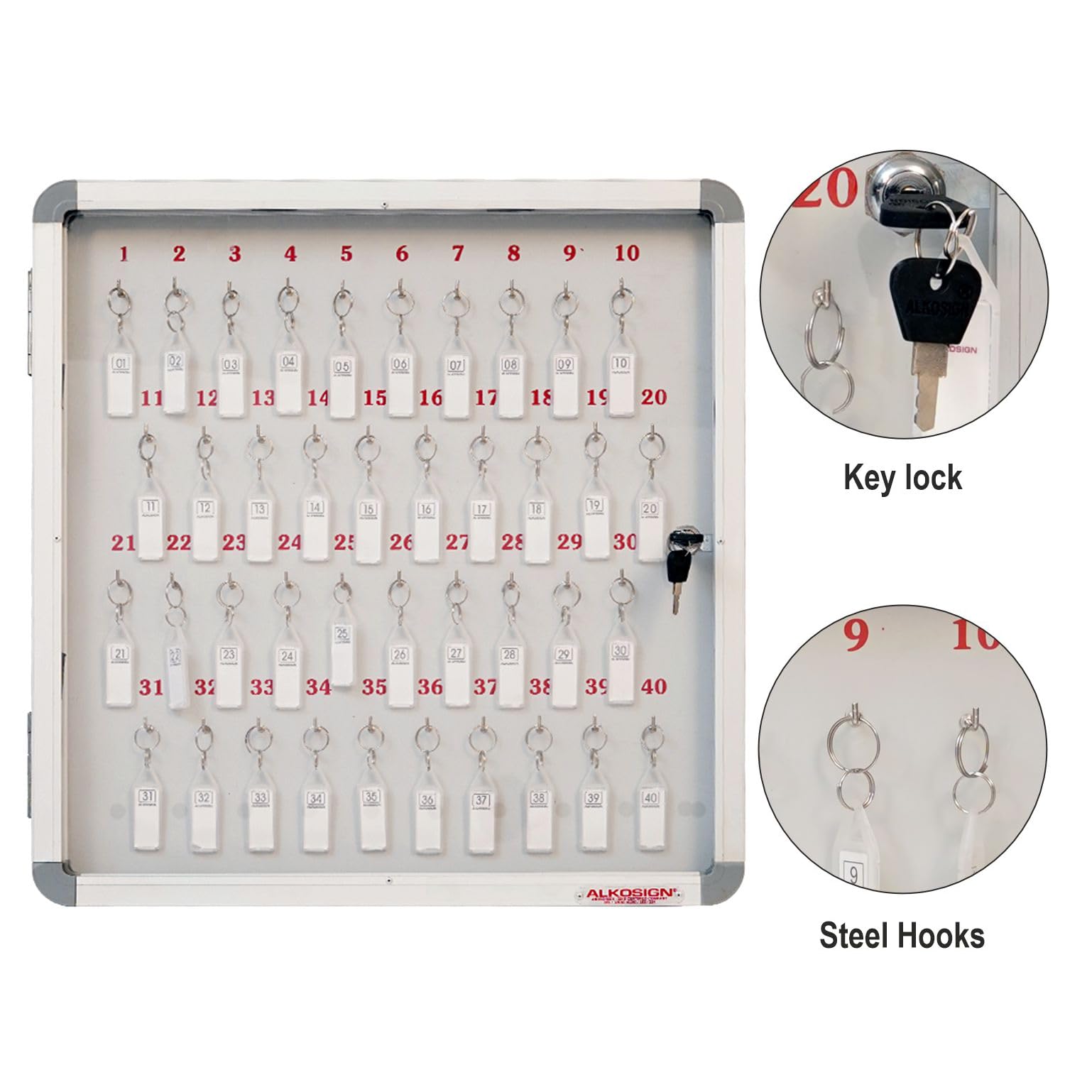 ALKOSIGN Key Cabinet for 40 Key-Chains with Laminated Back and Steel Fitted Hooks |Key Manager, Key Storage, Key Box, Lockable Key Holder, Key Organizer for Industrial Use, Factories, Offices, Hotels 1