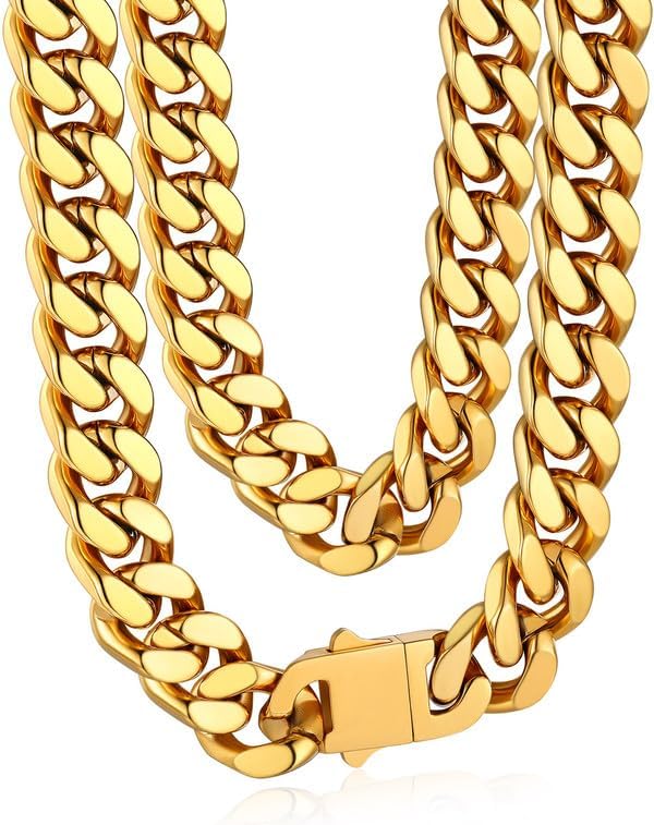 Mens Stainless Steel Chain Necklaces 5/7/9/12MM Chunky Miami Cuban Link Chain Necklace Bracelet Silver/Gold Plated/Black Chains for Men 18"-30"