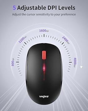Wireless Mouse, 2.4G Slim Mini Cordless Computer Mouse, Ergonomic Grips, 5-Level Adjustable 4000 DPI,Small Portable Optical Computer Mice for Laptop, PC, Mac, iPad,24-Month Battery Life (Black)