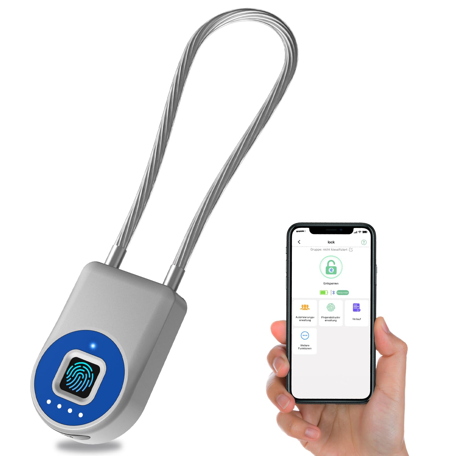 Anweller Lucchetto con impronte digitali, lucchetto con cavo da 22 cm, per impronte digitali con app, adatto per biciclette, scooter elettrici, bagagli, valigetta per armi, cassetta degli attrezzi,