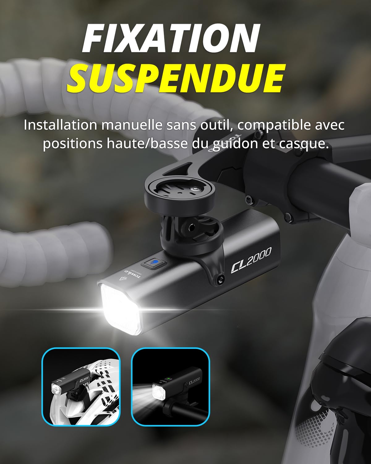 TOWILD CL2000 Éclairage Professionnel 2000 Lumens pour Vélo, Lampe LED Rechargeable USB-C 5000mAh Éclairage Super Lumineux Anti-éblouissement pour vélos de Route/Montagne,Fanal Avant étanche IPX6