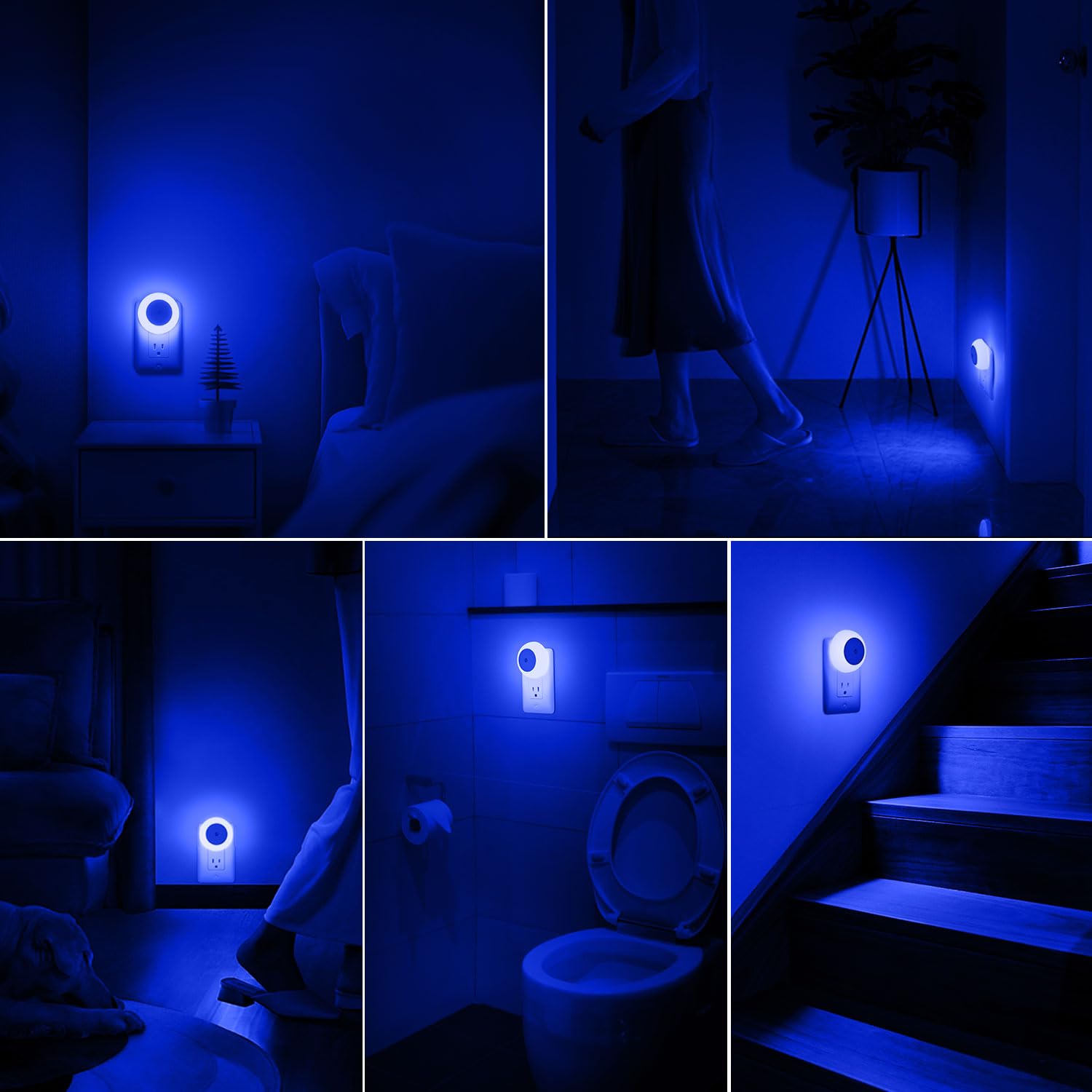 fesnne Luz de noche, enchufe de pared, sensor de crepúsculo, luz nocturna LED azul, 0,5 W, 2 luces nocturnas para adultos, dormitorio, baño, pasillo, cocina