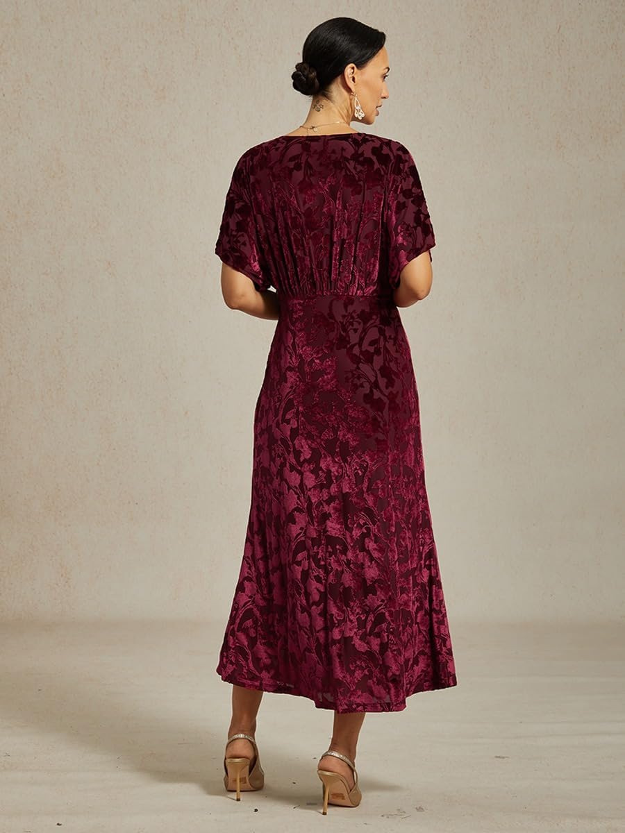 Women's V Neck Velvet Maxi Dress with Sleeves Elegant Retro Formal Dresses for Wedding New Year Cocktail Party Red - Image 5