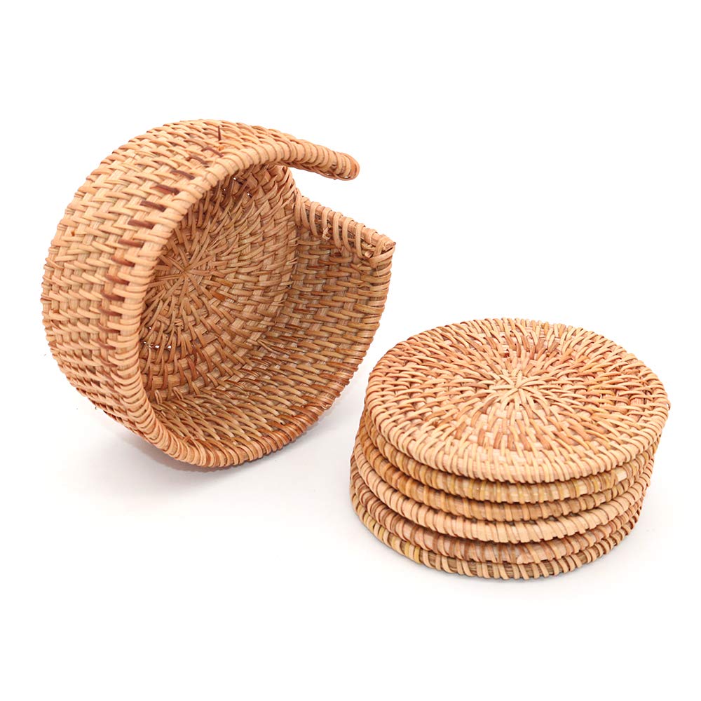 POFET Sottobicchieri in rattan intrecciato a mano con piastra di base per tazze da tè, piatti isolati, per cucina, accessori per la casa da tè, set da 6 pezzi, con supporto (marrone, 10 cm rotondo)