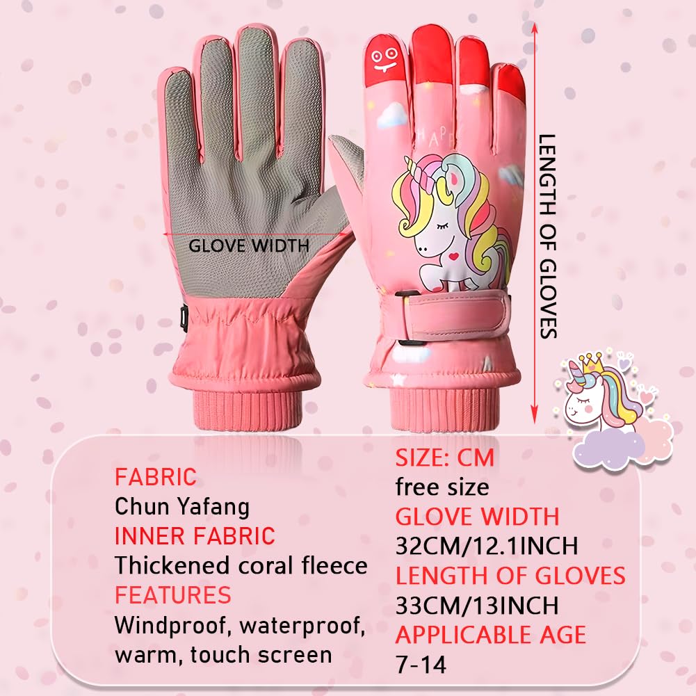 Guantes de Esquí para Niños, Guantes de Nieve Impermeables Invierno para Niñas Resistente al Viento, Guantes de Nieve Impermeables para Invierno, Niñas de 6 a 14 años