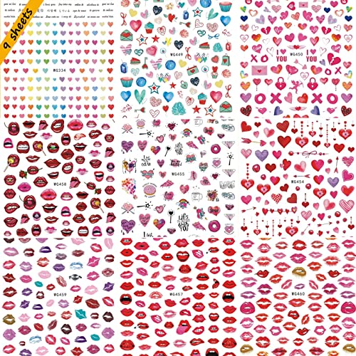 9 Sheets Valentine's Day Nail Art Stickers Decals Hearts Nail Stickers Sexy Lips Lipstick Nail Art Supplies 3D Self-Adhesive Nail Decorations Colorful Nail Accessories For Women And Girls Nail Design. #TOP6