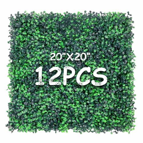 Decwin 12 Pieces 20” X 20” (33.3 Sq.Ft) Artificial Hedge Boxwood Panels UV Protected Boxwood Hedge Grass Wall Green Greenery Plant Mats Backdrop Panels for Indoor Outdoor Garden Backyard Fence