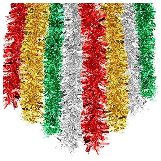 HOWAF 8pcs 14m Noël Guirlandes Tinsel de Noël Guirlande de Sapin Noël Décoration Scintillantes Maison Intérieur Extérieur Porte Fenêtre, Rouge, Argent, Or, Vert