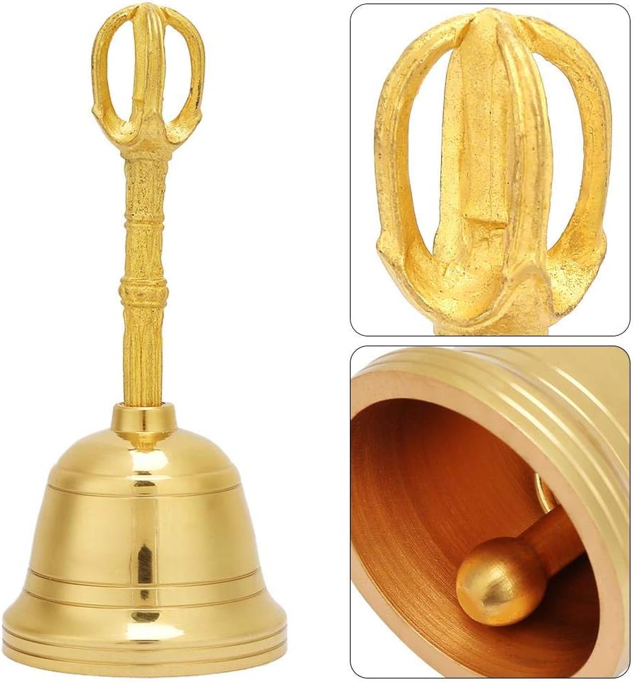 Loud Sound Gold Bell, Popular Pure Brass Hand Bell Buddhist Bell Feng Shui Taoist Instrument, 4.5 Inch Rattle Made of Brass for Wedding Events Decoration, Food Line, Alarm, Jingles, Service Bell