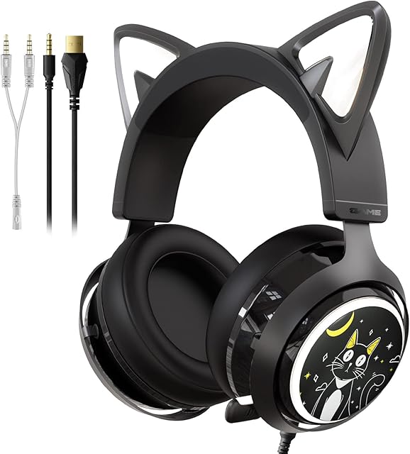 SOMIC GS510 Cat Headset, 3.5mm Wired Headphones with Retractable Mic Noise Cancelling, for Xbox One, PS5, PS4, PC, Black