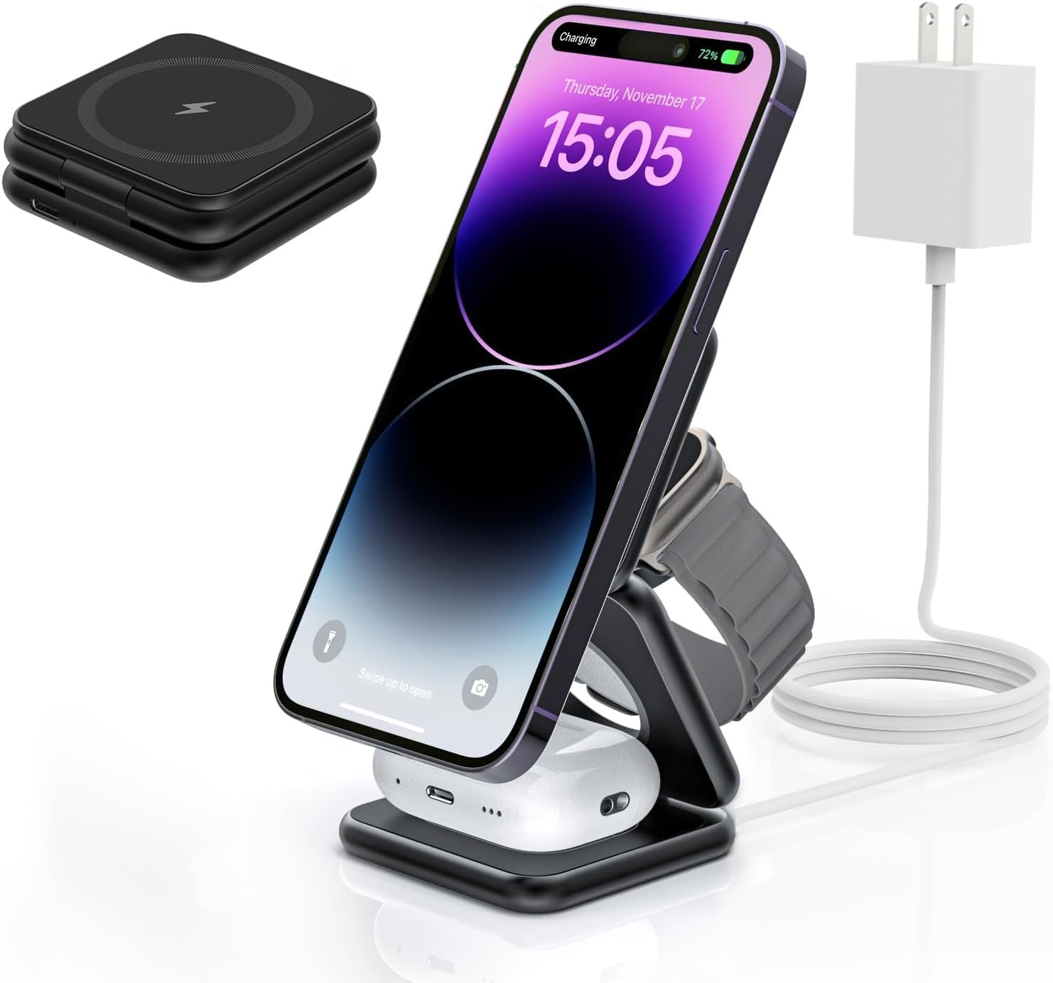 KU XIU X40 Foldable Magnetic Wireless Charger, 3-in-1 Charging Station for iPhone 17/16/15/14/13/12 & iPhone Air, 5W Fast Charging for Apple Watch S11–4/SE/Ultra 3/2/1, AirPods 4/3/2/Pro – Black