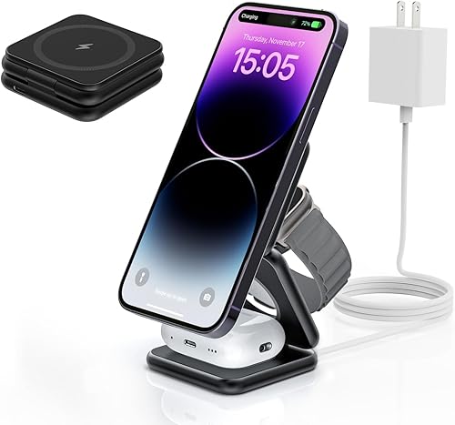 KU XIU Cargador inalámbrico magnético plegable X40, estación de carga 3 en 1 para iPhone 17/16/15/14/13/12 y iPhone Air, carga rápida de 5 W para