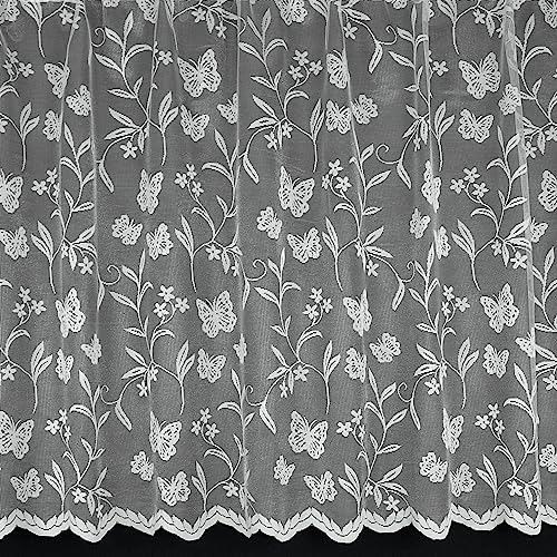 Camila 45inch (114cm) Drop White Window Net Curtain With Butterflies & Floral Design With Loveley Butterfly Detail. Sold By The Metre