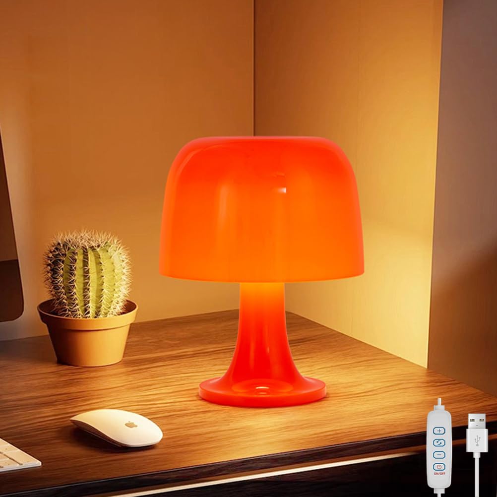 EaEa Lampa stołowa w kształcie grzyba w kolorze pomarańczowym LED Lampa stołowa do sypialni z akrylu Z regulacją jasności 3000K-6000K Lampa nocna USB Lampa nocna w stylu retro do salonu lub hotelu