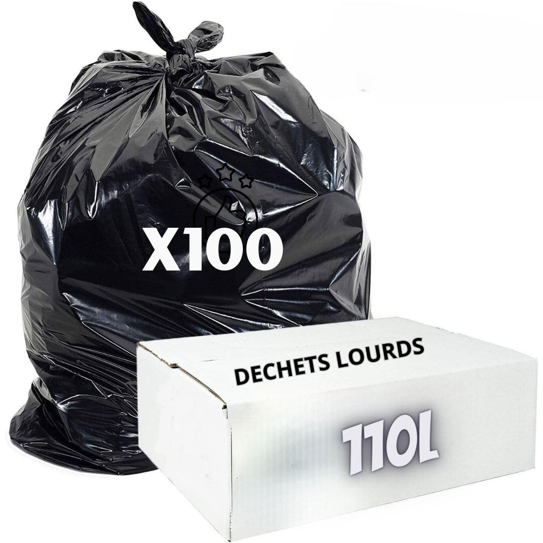 Bolsa de basura gruesa 110l | Caja de 100 bolsas negras ultra resistentes | Grosor 55 micras | Residuos Pesados, Jardín, Papeles, Alimentos | Talleres - Oficinas - Particulares