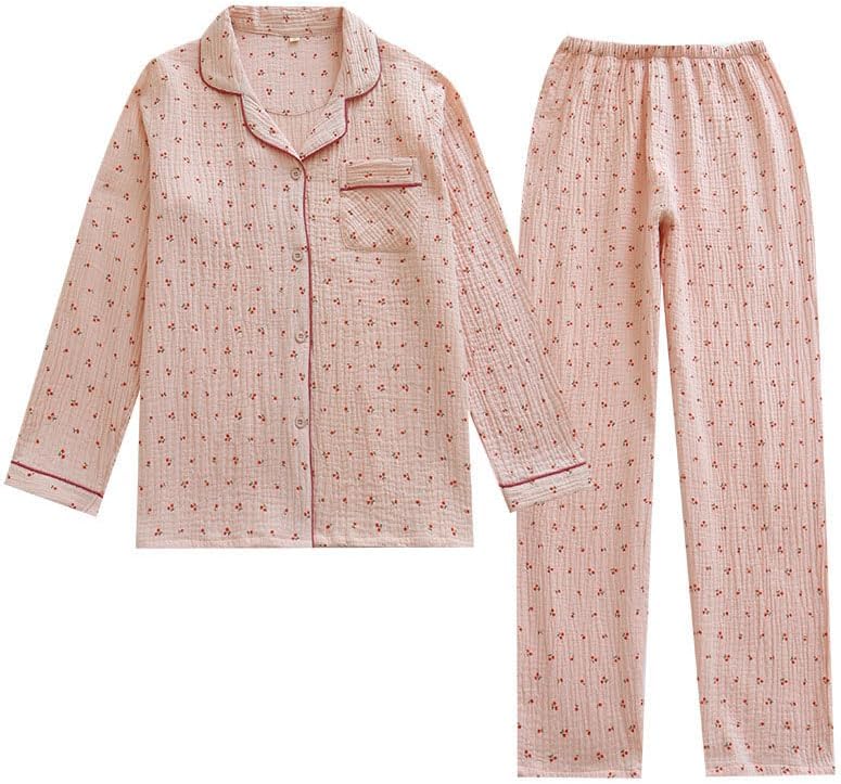 Womens Cotton Gauze Pajama Set Long Sleeve Button Up Shirt and Pants 2 Piece Cute Printed Pj Set