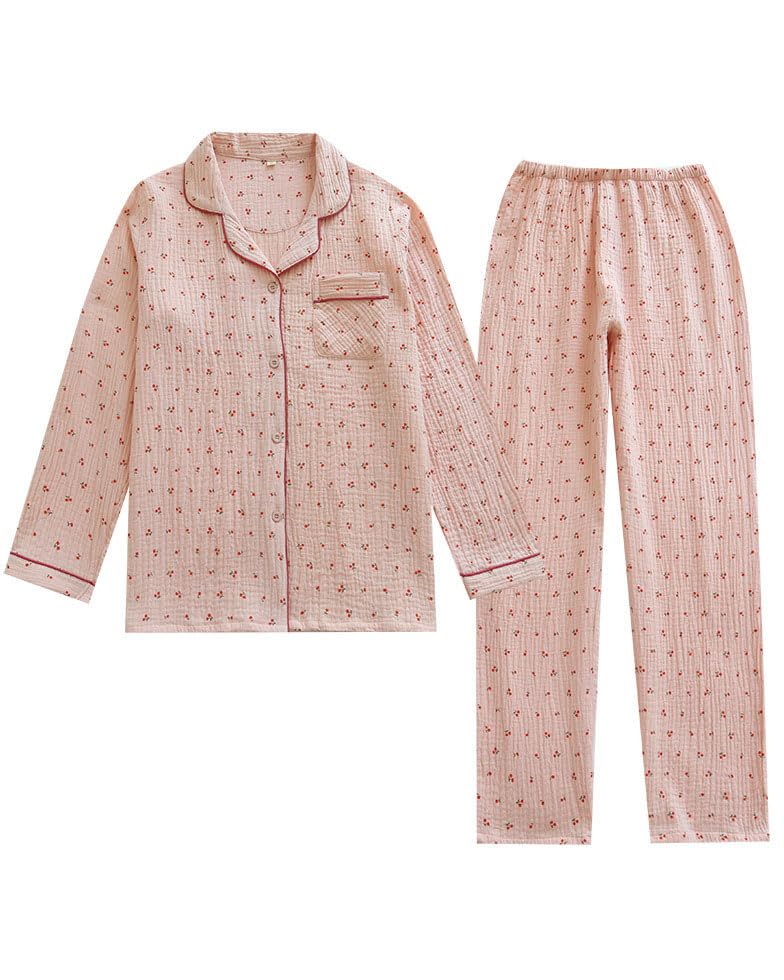 Image of codcm Womens Cotton Gauze Pajama Set Long Sleeve Button Up Shirt and Pants 2 Piece Cute Printed Pj Set