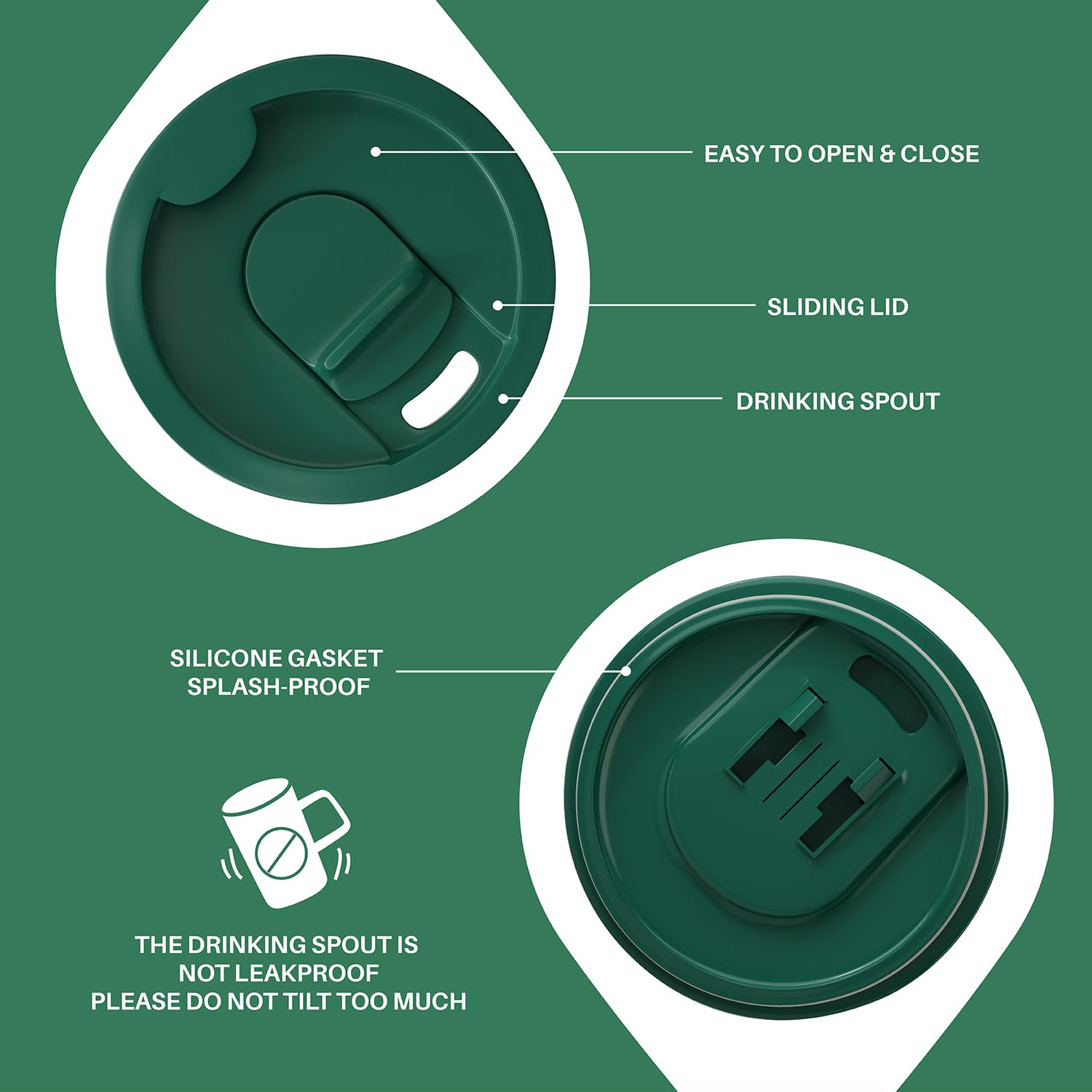 Ideus Tazza da caffè isolata sottovuoto, 470 ml, riutilizzabile, in acciaio inox, a doppia parete, con manico e coperchio scorrevole, per bevande calde e fredde, senza BPA (verde scuro Leapord)