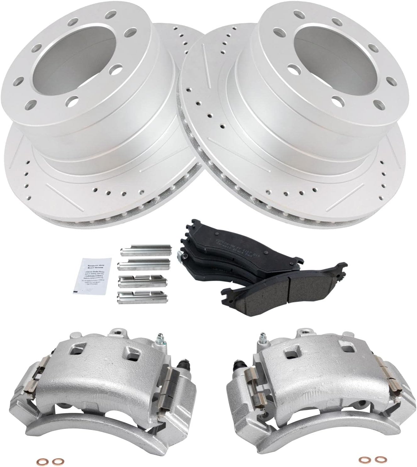 TRQ Rear Performance Brake Pad & Rotor Kit Brake Caliper Brake Pads Brake Rotors Set Ceramic Vented Premium G-Coated Compatible with 2003-2008 Dodge Ram 3500