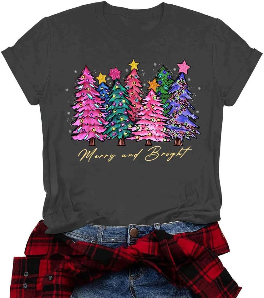 Christmas Shirts for Women Merry and Bright Shirt Xmas Tree Graphic Tee Christmas Short Sleeve Holiday Tops