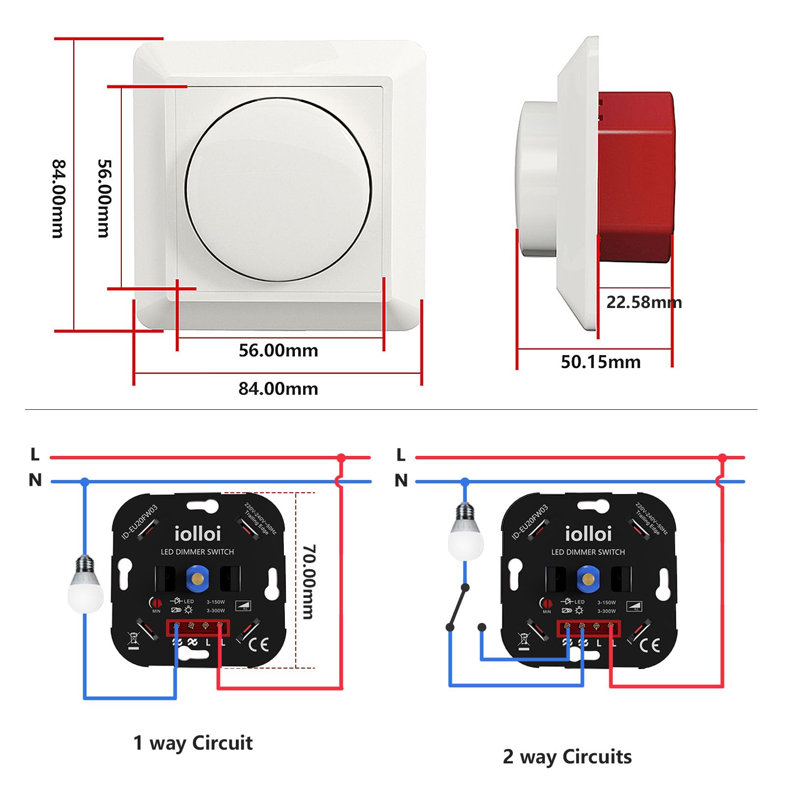Lot de 2 interrupteurs LED - Variateur rotatif - Pour LED à intensité variable de 3 à 150 W - Halogène de 3 à 300 W - Pour lampes LED - 230 V