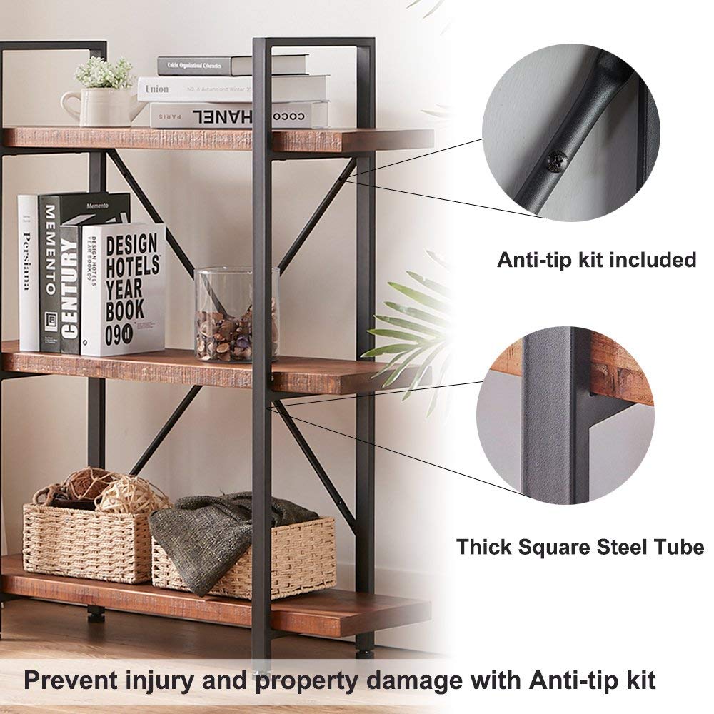 HSH Natural Real Wood Bookshelf, 3 Tier Rustic Vintage Industrial