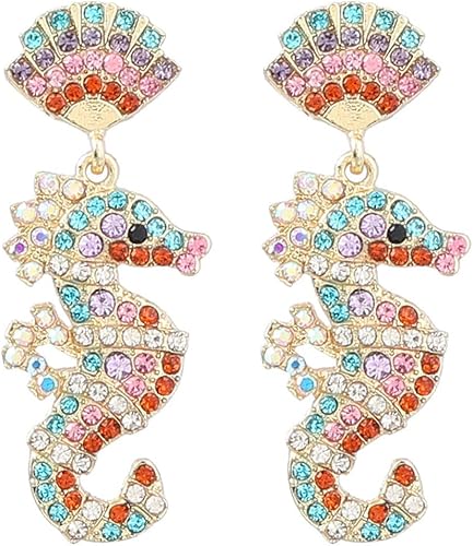Aretes de caballito de mar, aretes colgantes de caballito de mar de conchas de playa para mujer, aretes bohemios de caballito de mar con cuentas,
