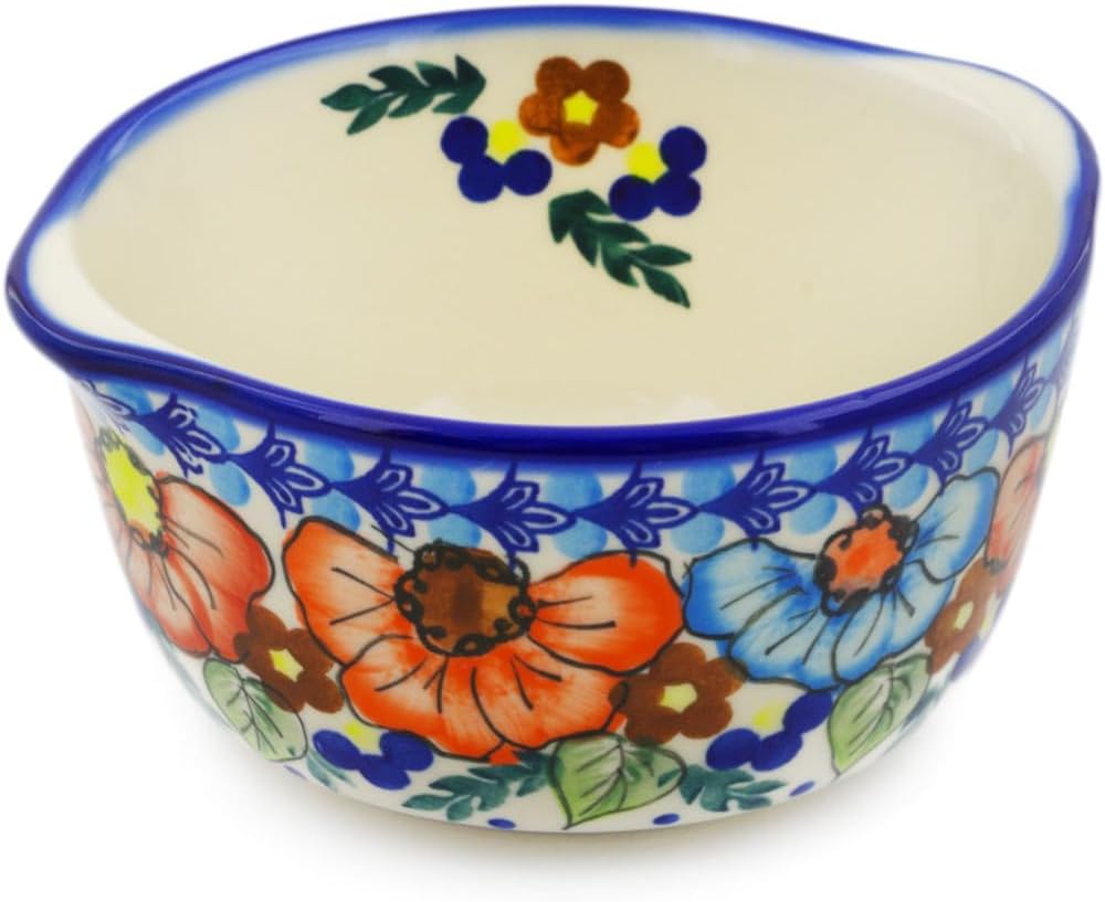 Authentic Polish Pottery Bouillon Cup Signature UNIKAT in Bold Poppies Design Handmade in Bolesławiec Poland by Ceramika Bona + Certificate of Authenticity