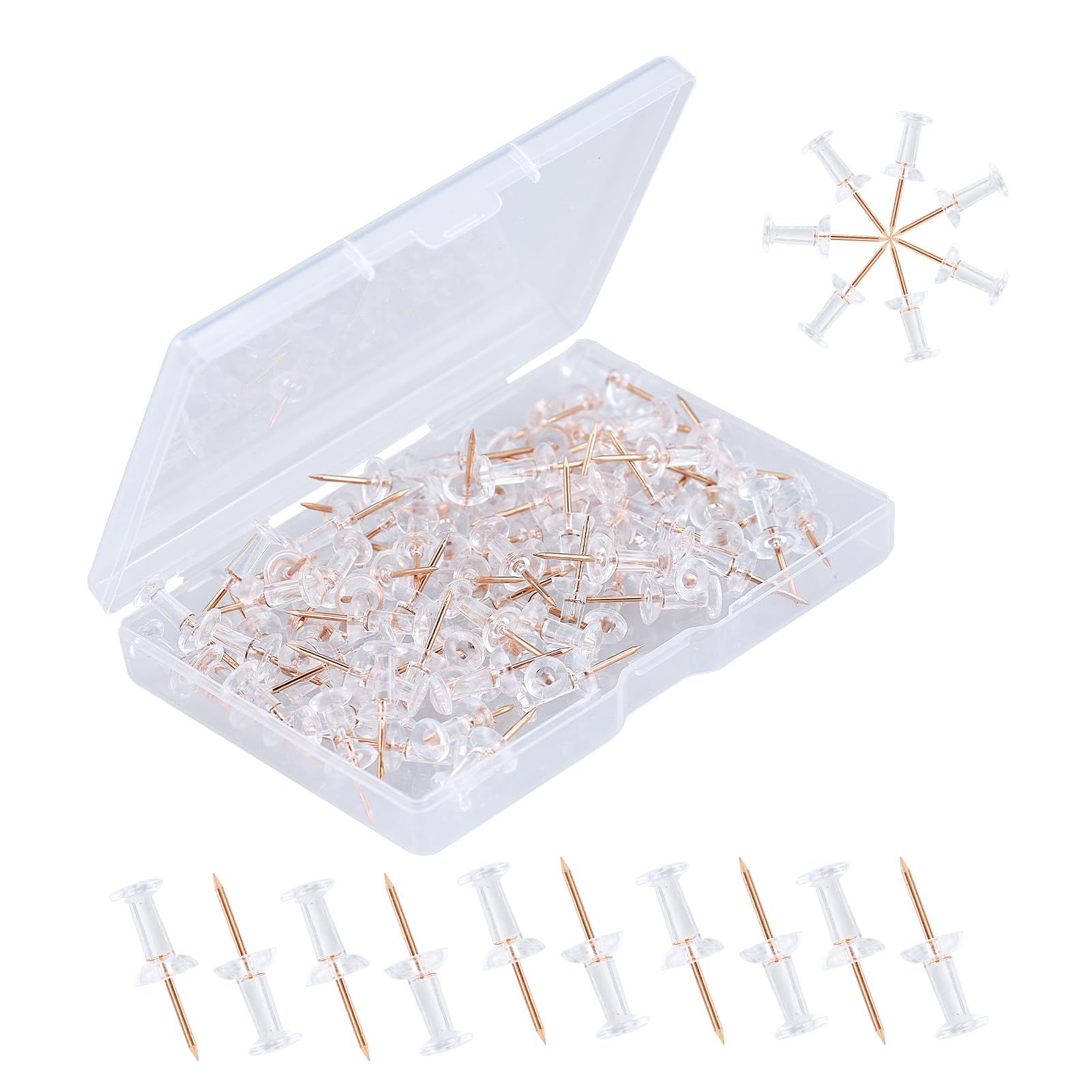 HXMJIED 100 Pcs Clear Push Pins, Transparent Thumbtacks Rose Gold Thumbtacks Head Thumb Tacks Map Pins Drawing Pins Wall Push Pins for Cork Notice Bulletin Board Map Mark Wall Poster Picture