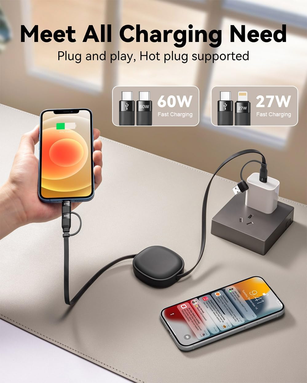 Multi Charging Cable, 2Pack 5 in 1 Retractable Lightning Charger Cable 60W USB C to USB C Fast Charging,Multiple USBC Cord Multi Car Charger for iPhone 17/16/15/14 Pro Max,iPad,Samsung S25 S24,Tablets - Image 2