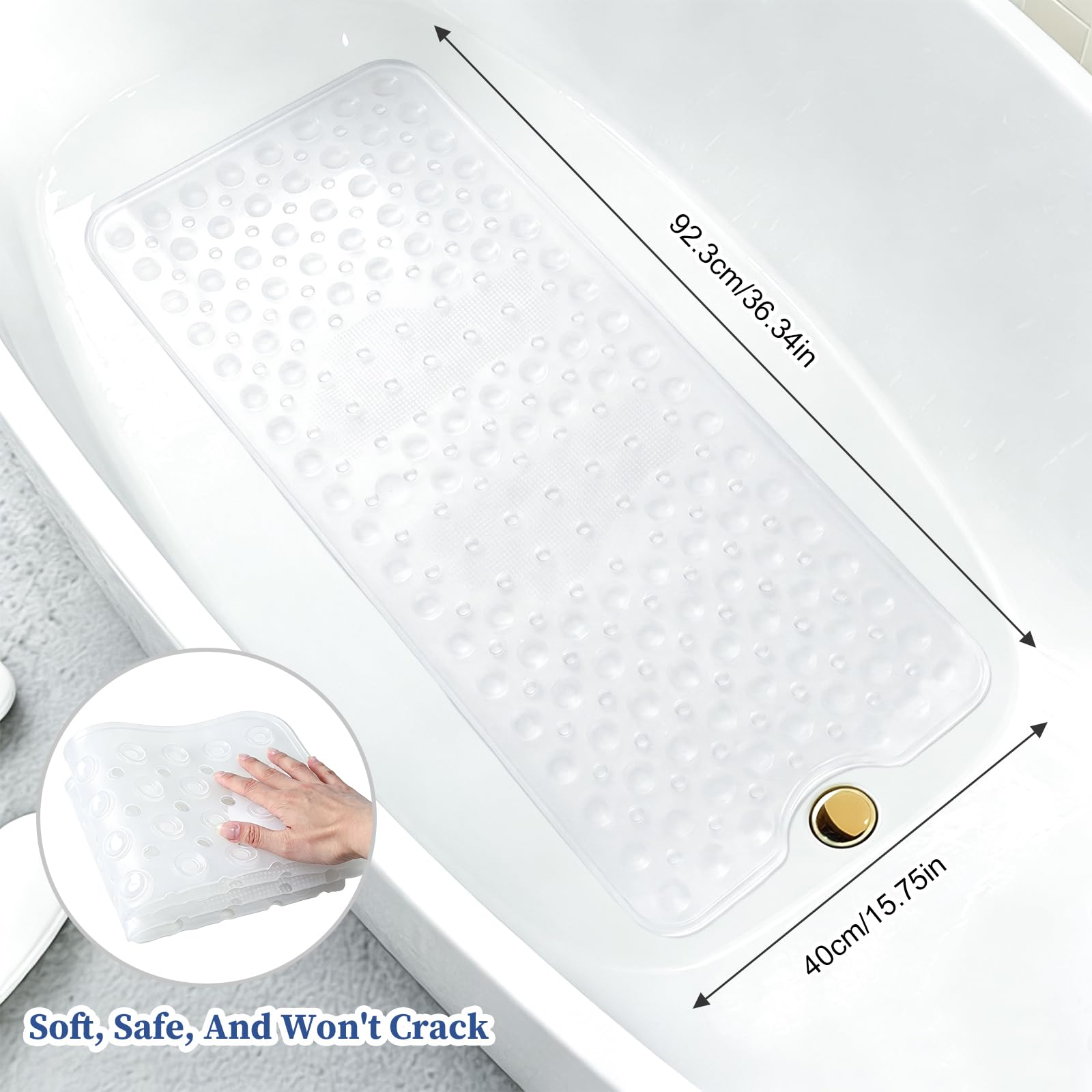 Tapis de Baignoire Antidérapant 92x40cm Silicone avec Ventouses Puissantes sans BPA Lavable en Machine