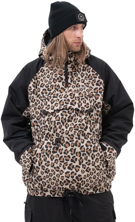 Snowshred Men's Baggy Half-Zip Snowboard Jacket Hooded Anorak Camo Leopard Waterproof Ski Coats for Winter Sports