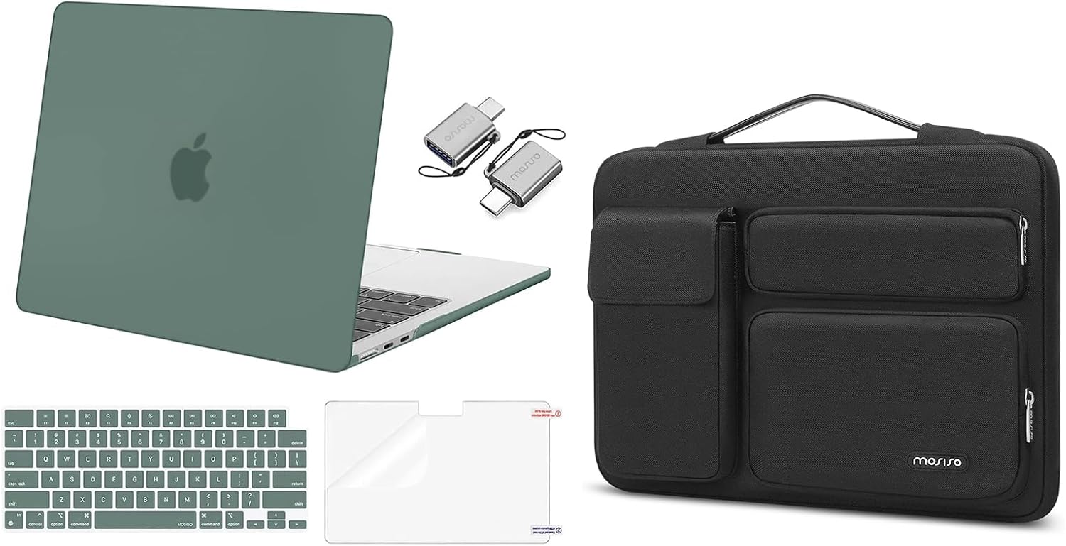 MOSISO Compatible with MacBook Air 13.6 inch Case 2022 2023 2024 Release M3 A3113 M2 A2681, Plastic Hard Shell Case&Keyboard Cover&Screen Protector&Type C Adapter&Bag with Pockets, Emerald Green&Black